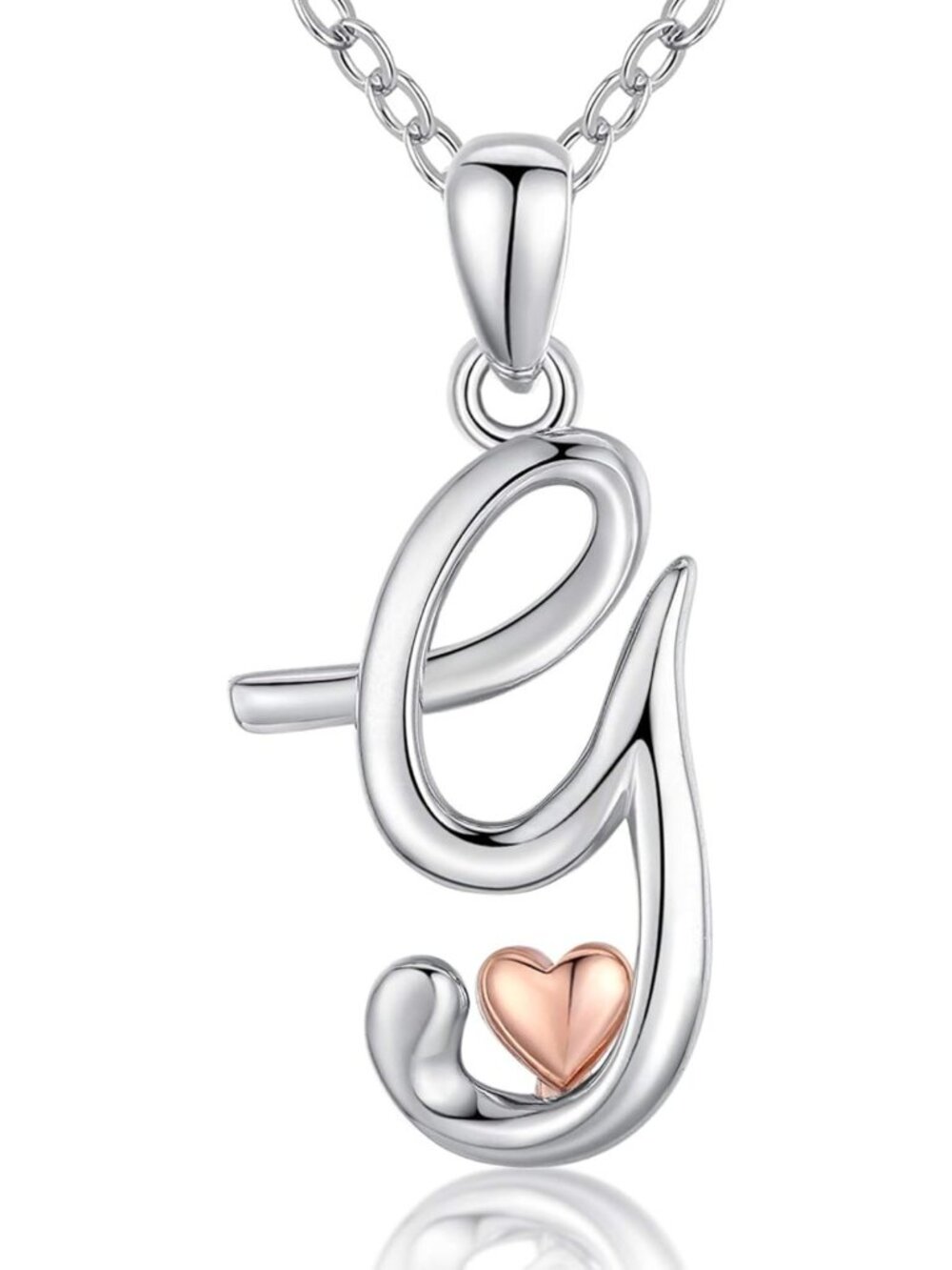 Personalized 925 Sterling Silver Initial Necklace with Rose Gold Heart - 18